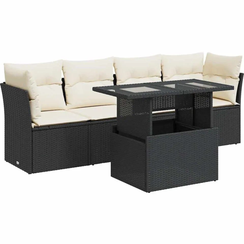 vidaXL 5-delige Loungeset met kussens poly rattan zwart, foto 3