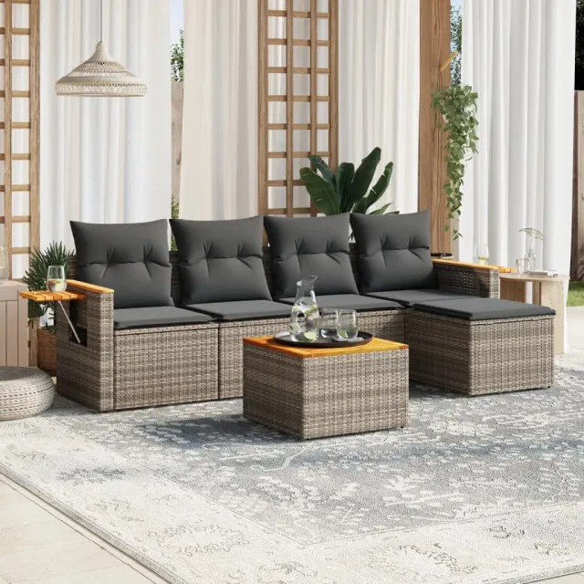 vidaXL 6-delige Loungeset met kussens poly rattan grijs, foto 2