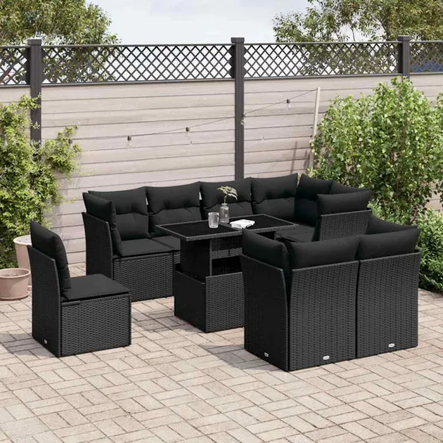 vidaXL 9-delige Loungeset met kussens poly rattan zwart, foto 2