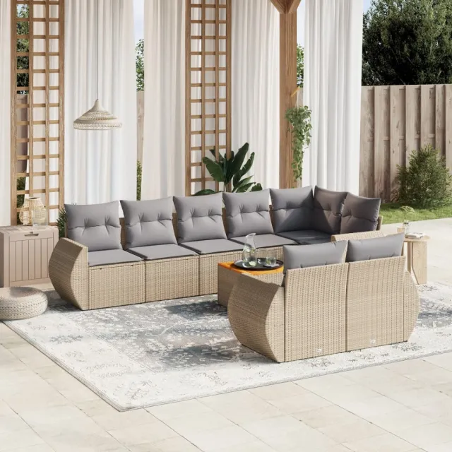 vidaXL 9-delige Loungeset met kussens poly rattan beige, foto 2