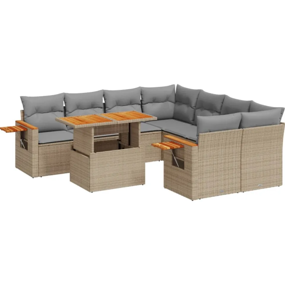 vidaXL 9-delige Loungeset met kussens poly rattan beige