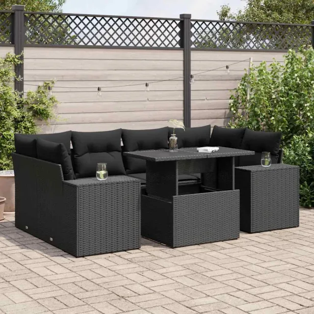 vidaXL 7-delige Loungeset met kussens poly rattan zwart, foto 2