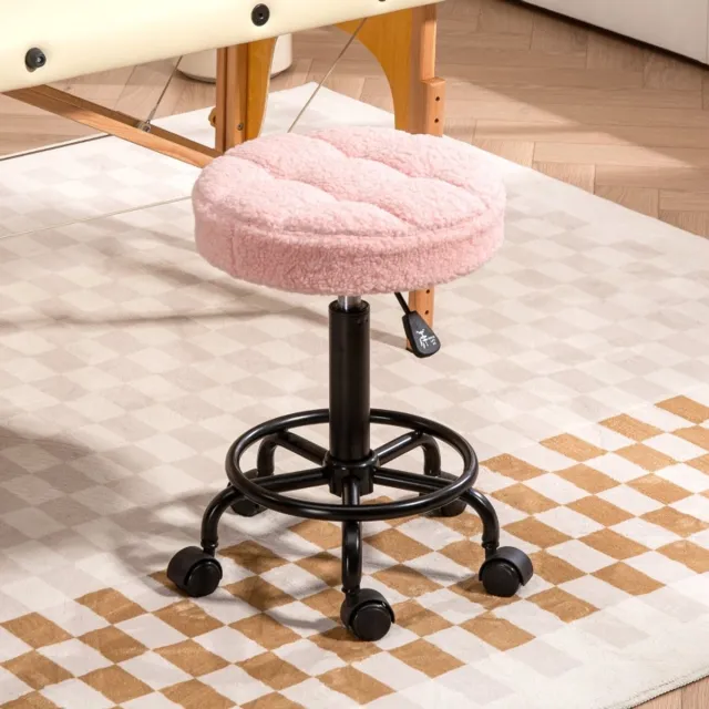 DESMIU Bureaukruk 50-66 Cm - In Hoogte Verstelbaar En Draaibaar Met Wielen - Voor Kantoor En Salon - Polyester Fleece - Roze