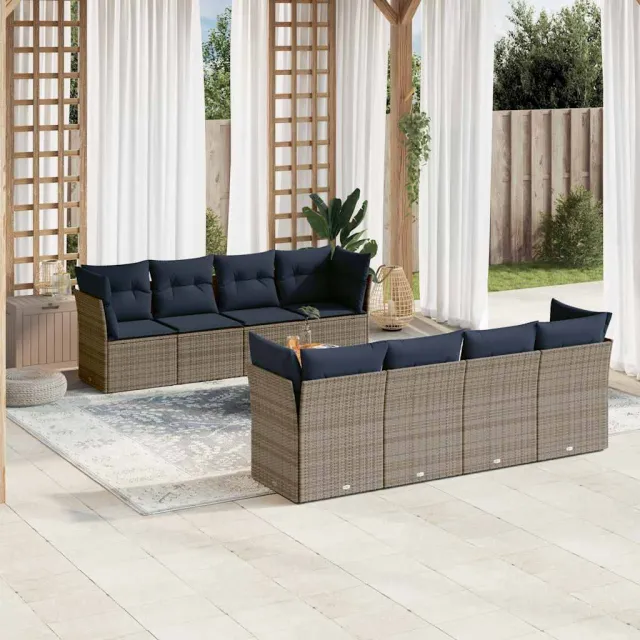 vidaXL 9-delige Loungeset met kussens poly rattan grijs, foto 2