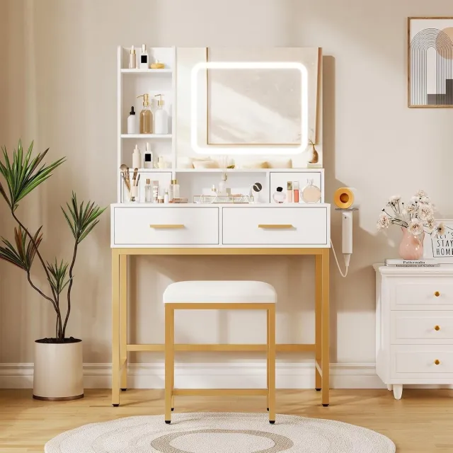 Danky Kaptafel met LED Spiegel en Krukje - Make-up Tafel met Ingebouwd Stopcontact - Wit en Goud - 4 Lades & Zijplanken - 80 cm breed