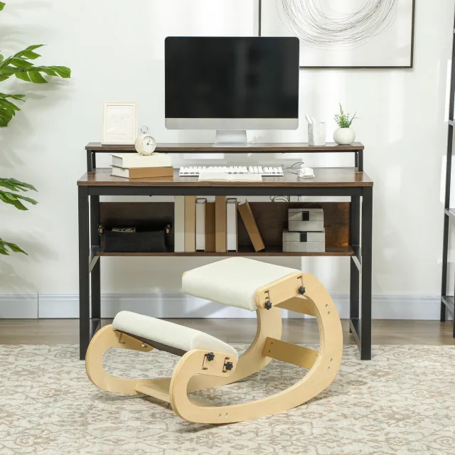 Lunpog Ergonomische houten knielstoel met schommelfunctie, verstelbare kniestoel voor kantoor aan huis Crème