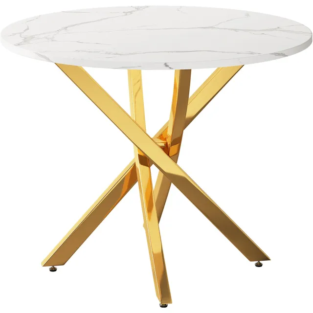 SONNENH Eettafel - Marmerlook met gekruiste poten - 80 x 80 x 75 cm - Wit/goudkleurig