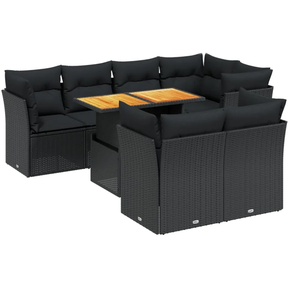 vidaXL 8-delige Loungeset met kussens poly rattan zwart