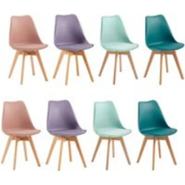 J.T.R Eetkamerstoelen-Eetkamerstoelen set van 8-gestoffeerd-vintage stijl- met massief beukenhouten poten-2 roze fumé + 2 turquoise + 2 mintgroen + 2 paars grijs. gekleurd.