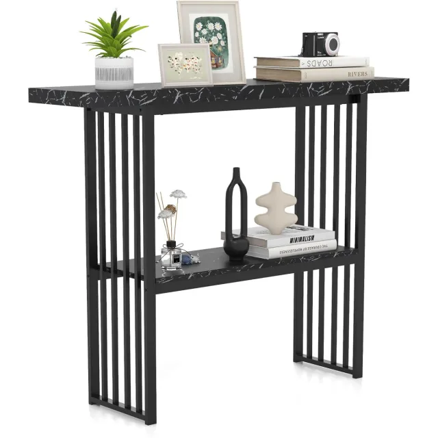 Costway Consoletafel, 2 niveaus, smal, bijzettafel, marmerlook, haltafel met metalen frame, 120 x 29,5 x 92,5 cm, ideaal voor hal en woonkamer, modern (zwart)