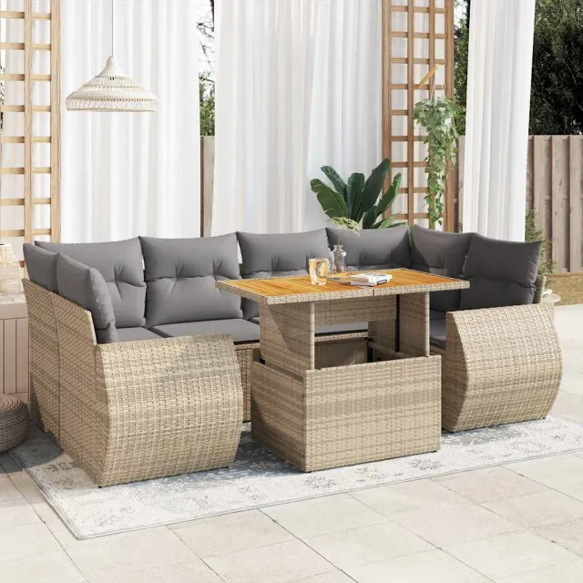 vidaXL 7-delige Loungeset met kussens poly rattan beige, foto 2