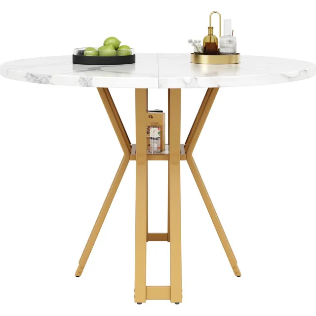 Merax Ronde Eettafel 100 X 100 X 76 Cm – Marmerlook Tafelblad Van MDF – Gouden Metalen Poten – Keukentafel Voor 4 Tot 6 Personen Wit