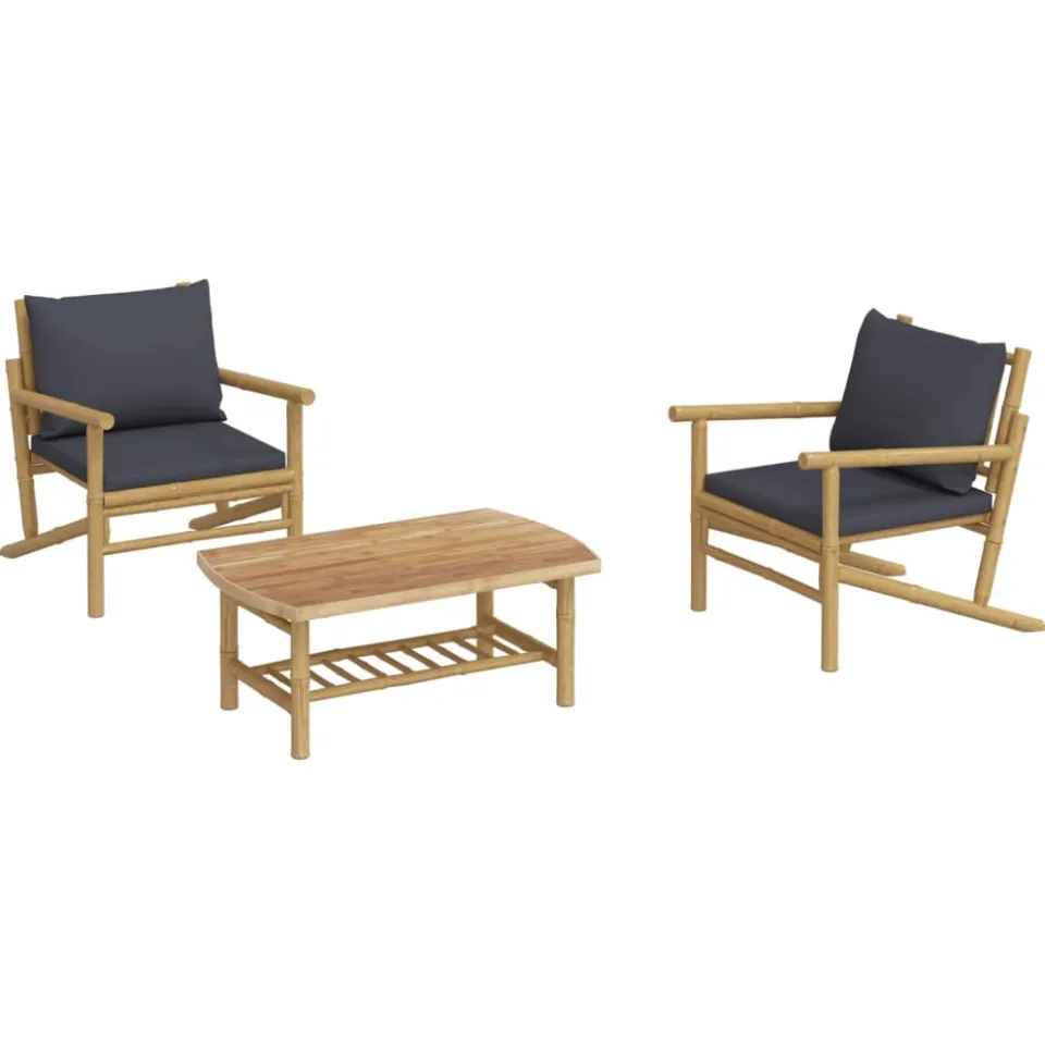 vidaXL 3-delige Loungeset met kussens bamboe donkergrijs Bruin