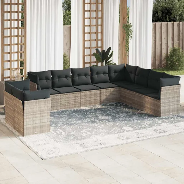 vidaXL 10-delige Loungeset met kussens poly rattan lichtgrijs grijs, foto 2
