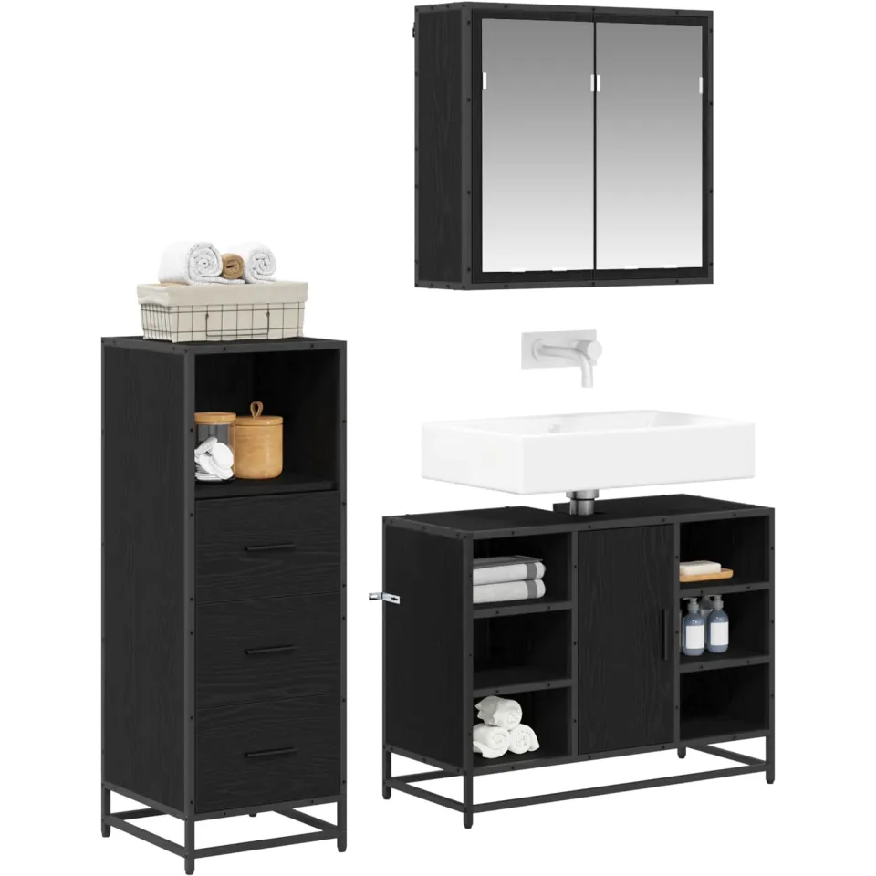 vidaXL Badkamermeubelset 3 st Zwart Eiken 80 x 33 x 60 cm Bewerkt hout