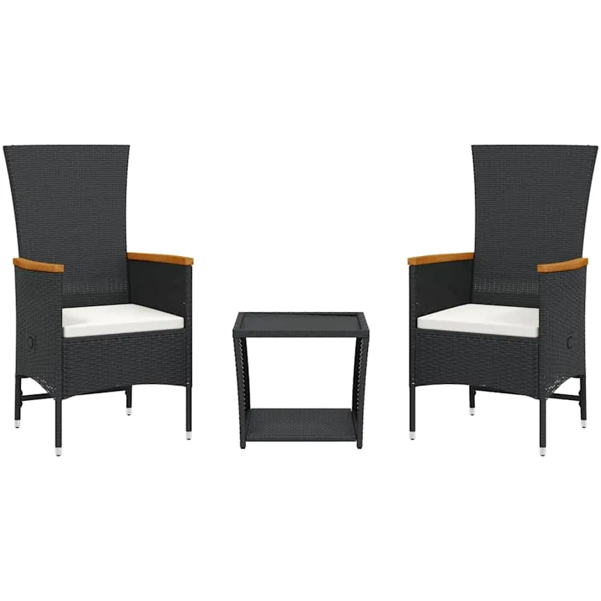 vidaXL 3-delige Tuinset met kussens poly rattan zwart