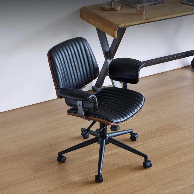 MUVANO Lederen Ergonomische Bureaustoel - Zwarte Directiestoel Met Wielen - Bureaustoel Met Eiken Armleuningen - 73x59x87cm - Verstelbaar - Kantoor Zwart