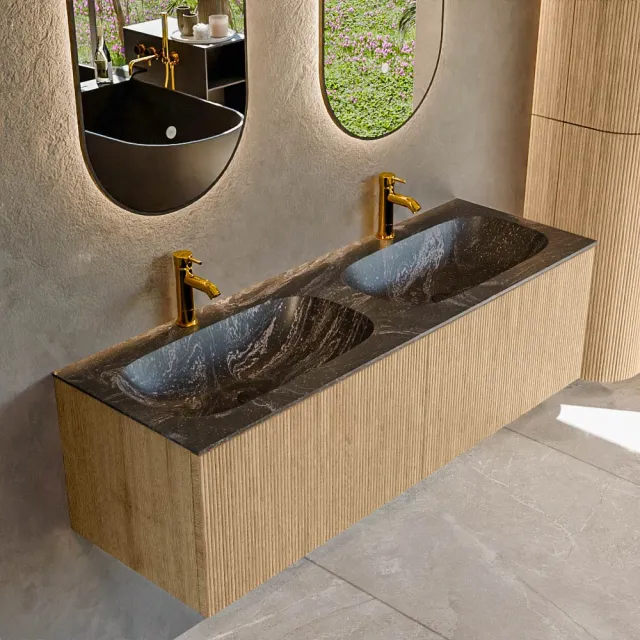 Mondiaz KURVE-DLUX 140 cm Onderkast Greeploos 2 Lades Zonder Deuren Oak, Wastafel Solid Surface Dubbel Lava 2 Kraangaten Zonder Spiegel (KRVSTS1402L0D2KD-Oak/Lav)