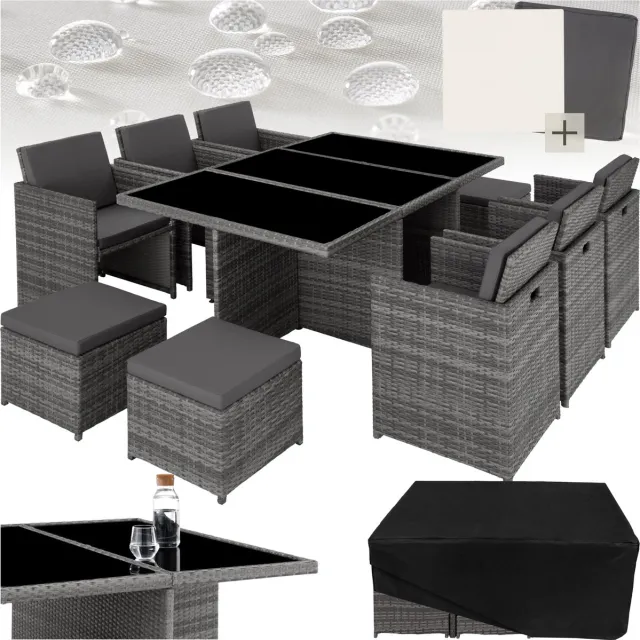 Tectake Loungeset - Wicker Tuinset - 10 Personen - 6 Tuinstoelen, 4 krukken, 1 Tuintafel - Balkon, tuin en terras - Inclusief Beschermhoes en 16 Kussens - UV-Bestendig - Ruimtebesparend op te bergen - Veligheids Glazen Tafelblad - Grijs