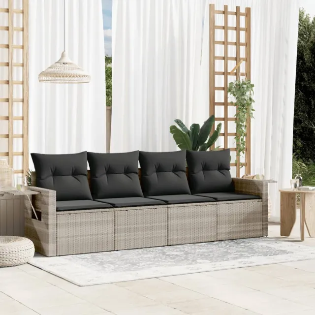 vidaXL 4-delige Loungeset met kussens poly rattan lichtgrijs grijs, foto 2