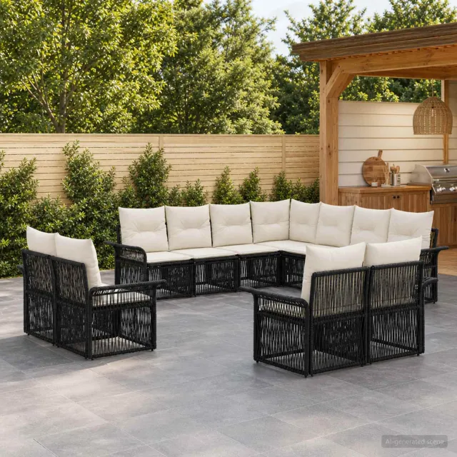 vidaXL Tuinbankenset 11 st 11-zits Zwart en Cream Wit poly rattan, foto 2