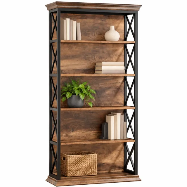 DMG Supply Boekenkast met Achterwand - Open Kast - Boekenrek met 5 Lagen - Industrieel - Bruin/Zwart - 80 x 30 x 180 cm