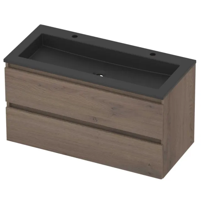 Basic-Line Aura 46 Badmeubelset Acryl 2 Kraangaten Greeploos 100x46x54 cm Dusk Oak Mat Zwart