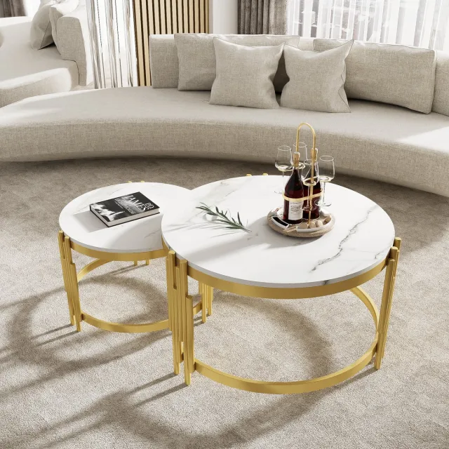 Wishdor Set van 2 nestbare salontafels Marmorlook met gouden metalen frame en artistieke golvende poten, wit/antiek brons Antiek messing + wit