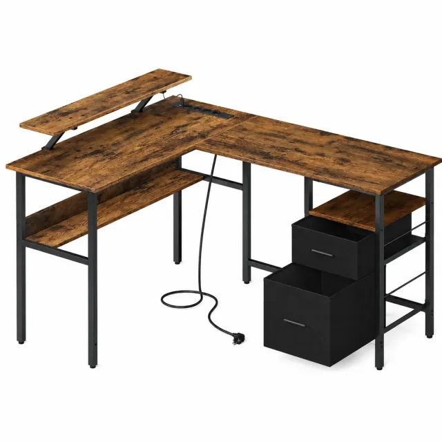 Sello! hoekbureau – bureau – lades – ledverlichting – monitorstandaard – 4 stopcontacten – 2 usb hub – 120x150x76 – zwart vintage bruin