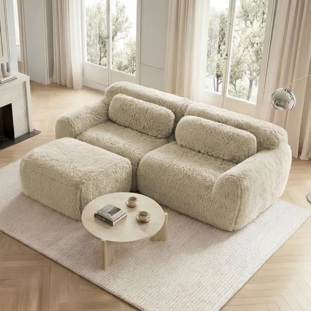 DESMIU Hoekbank 204 x 179 x 73 cm - L-Vormige 2-Zits Modulaire Bank Met Ottomaan En Kussens - Voor Woonkamer En Lounge - Pluche Licht Khaki Light Khaki