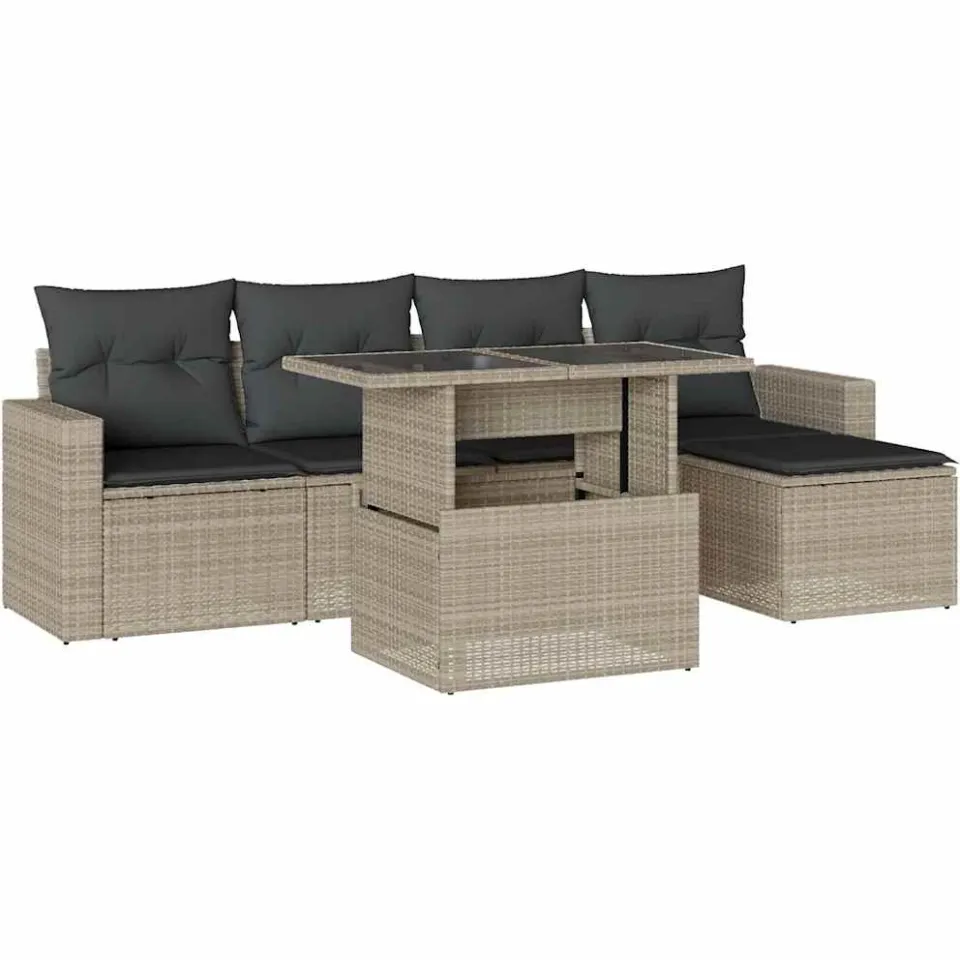 vidaXL 6-delige Loungeset met kussens poly rattan lichtgrijs