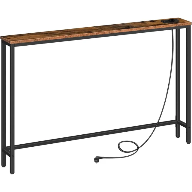 Homesy Consoletafel met stopcontacten en USB-aansluitingen, 120x15x80 smalle consoletafel met oplaadstation, bijzettafel, voor foyers, gangen, vintagebruin en zwart Vintagebruin + Zwart