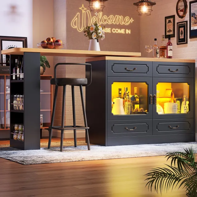 WUVRIE Bartafel 135-203 x 39 x 92,8 cm - 360° draaibaar, 4 lades en LED - Zwart/naturel