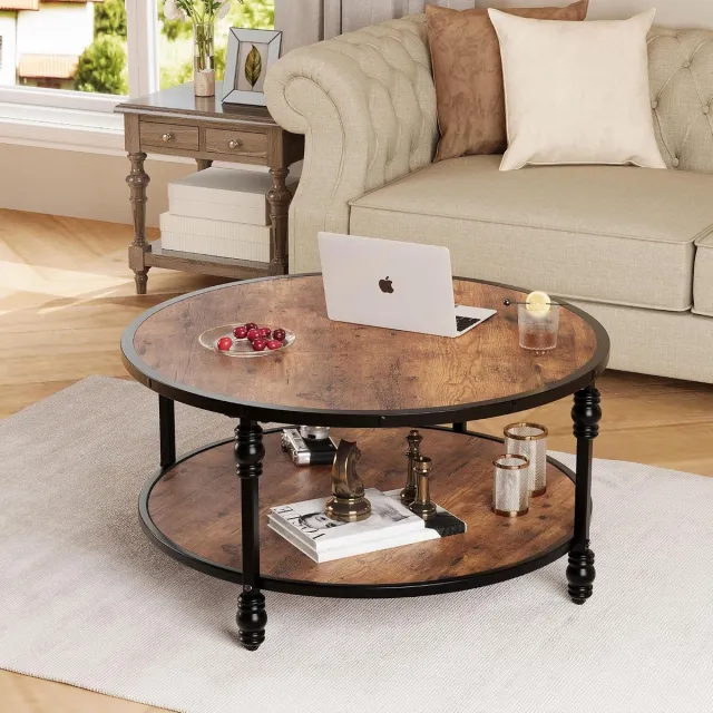 Triumpunpre Ronde salontafel van met 2 niveaus – Vintage industriële stijl – Stevig houten blad met opbergplank – Eenvoudige montage – Perfect voor woonkamer of kantoor – Retro kleur Rustiek walnoot