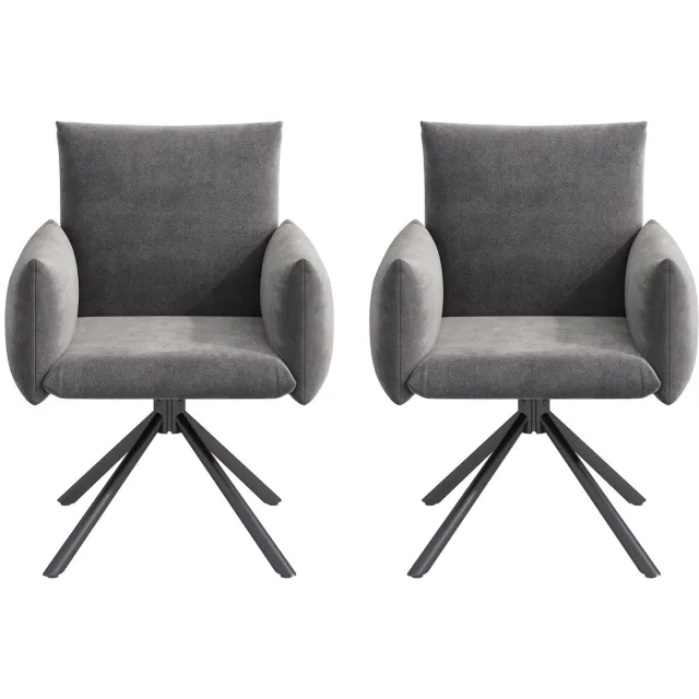 Merax Draaibare Eetkamerstoelen Set van 2 – Fluwelen Stoelen met Armleuningen & 360° Draaifunctie – Moderne Stoel met Metalen Poten – Grijs
