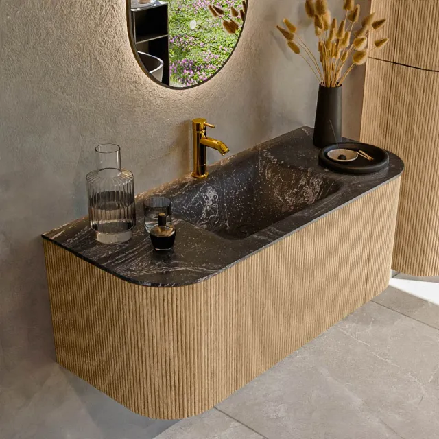 Mondiaz KURVE-DLUX 110 cm Onderkast Greeploos 1 Lade Met Deuren Oak, Wastafel Solid Surface Midden Lava 1 Kraangat Zonder Spiegel (KRVCLO110L+R1L2D1KM-Oak/Lav)