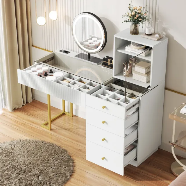 Wishdor Kaptafel met LED-spiegel - 5 lades en kast - Gehard glazen blad - Modern - Wit - 120 x 40 x 120 cm