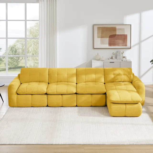 MIVRAY Hoekbank 334 cm - L-Vormige Modulaire 4-Zits Met Poef En Vrije Opstelling - Voor Woonkamer En Appartement - Chenille - Geel Yellow