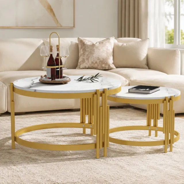 MEUNIQ ronde salontafelset van 2 – nestbare koffietafels met wit marmerlook MDF-blad en antiek messingkleurig metalen frame voor woonkamer