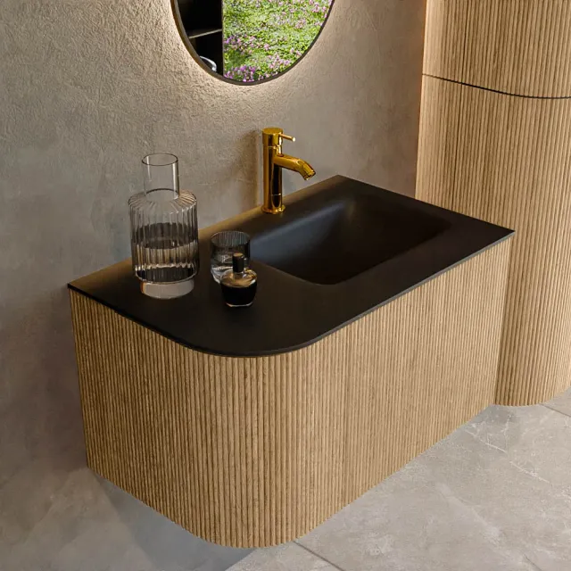 Mondiaz KURVE 75 cm Onderkast Greeploos 1 Lade Met Deuren Oak, Wastafel Solid Surface Rechts Urban 1 Kraangat Zonder Spiegel (KRVGRU75L1L1D1KR-Oak/Urb)