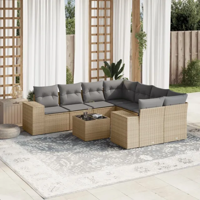 vidaXL 9-delige Loungeset met kussens poly rattan beige, foto 2