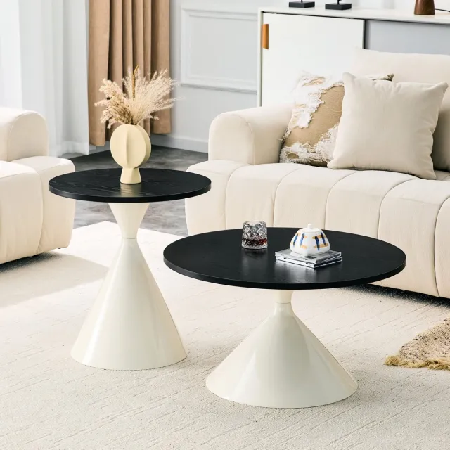 HAUSS SPOLE Salontafelset - Nestbare 2 Delige Ronde Tafels Voor Woonkamer Slaapkamer En Kantoor - Melamine En Metaal - Zwart Crème