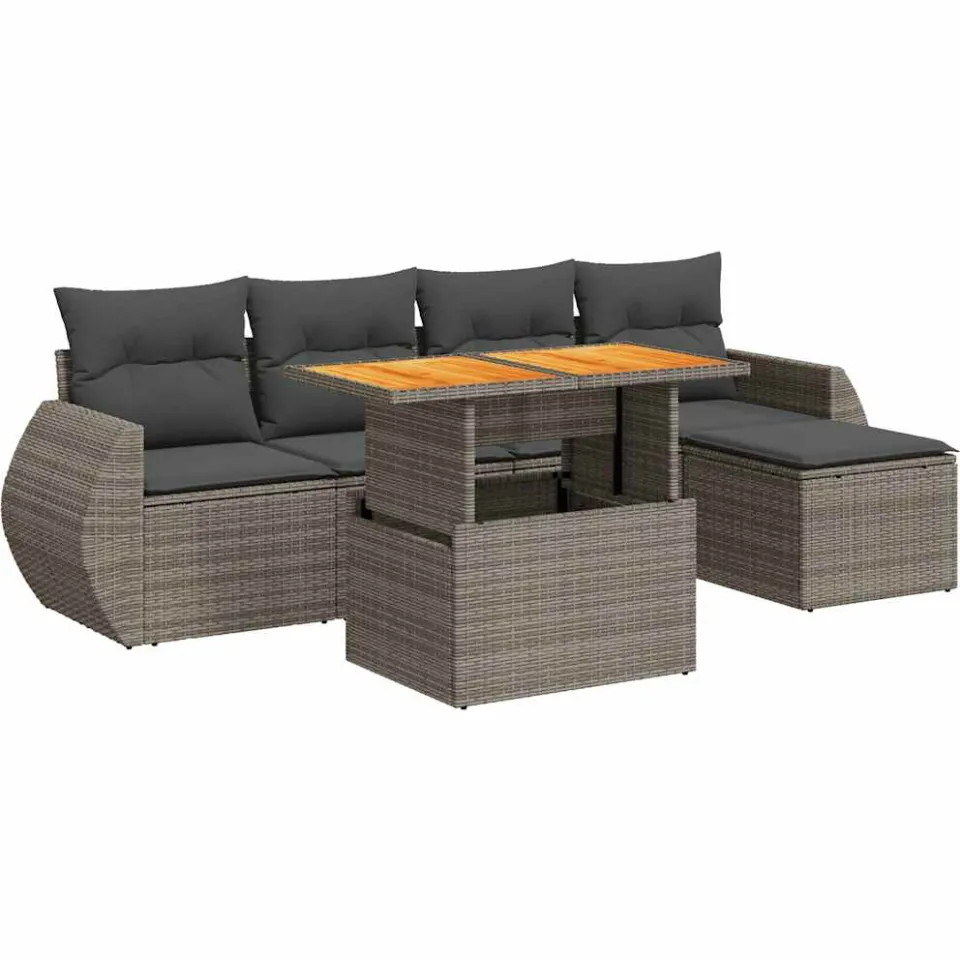 vidaXL 6-delige Loungeset met kussens poly rattan grijs, foto 3