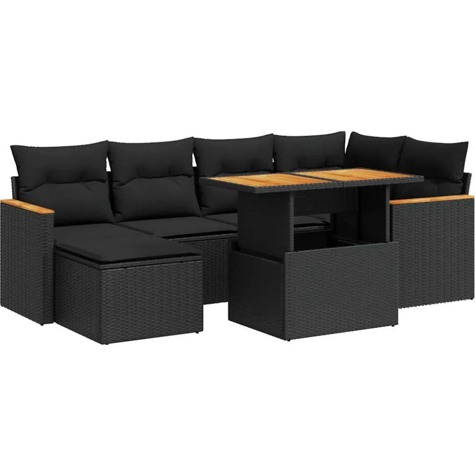 vidaXL 7-delige Loungeset met kussens poly rattan acacia zwart, foto 3