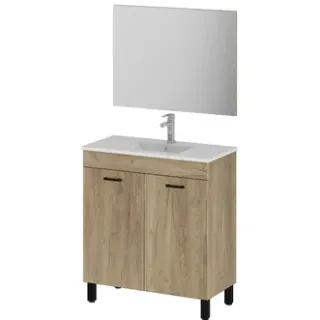 AquaVive - Praxis Eigen Merk Aquavive Badmeubelset Semplicita 79cm - Eik Gemelamineerd - Met Spiegel En Wastafel - Met 2 Deuren Hout