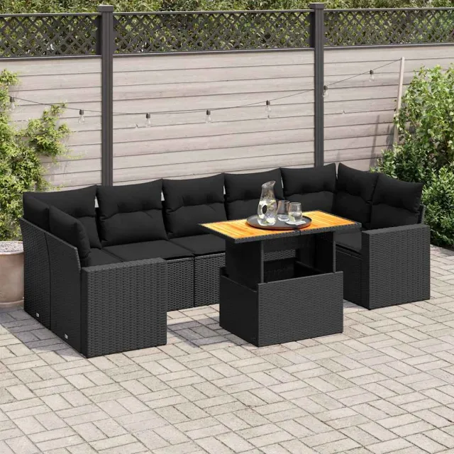 vidaXL 8-delige Loungeset met kussens poly rattan zwart, foto 2