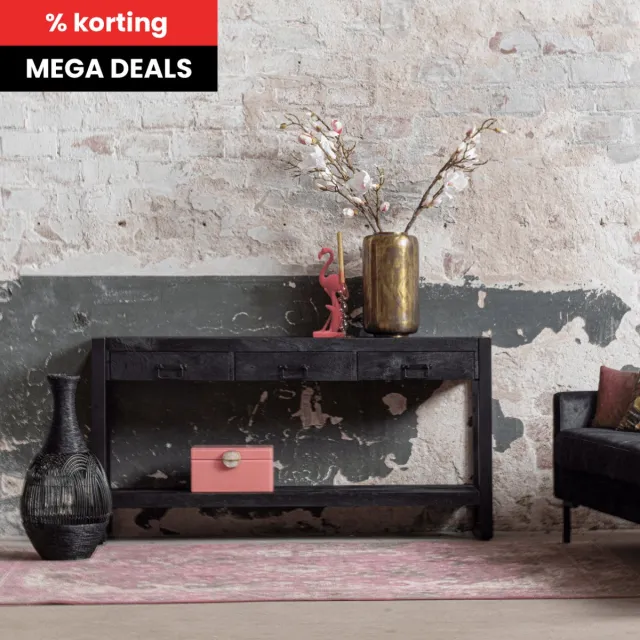 Mahom Mangohouten Sidetable Britt Black 3 lades 150 cm Mahom Industrieel - Kleine tafel van Mangohout & Metaal - Industriële Huiskamertafel Bruin