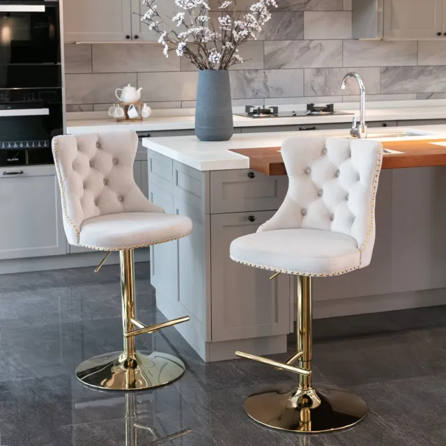 Welltin Barkrukken Set van 2 - Fluwelen Bekleding - 360° Draaibaar - In Hoogte Verstelbare Zitting - Chroomkleurige Voet - Comfortabele Rugleuning - Getufte Zitting - Barstoelen voor Keuken - Beige