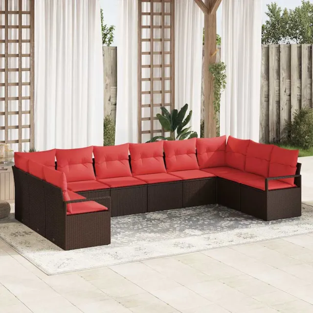 vidaXL Tuinbankenset 10 st Bruin en Rood poly rattan, foto 2