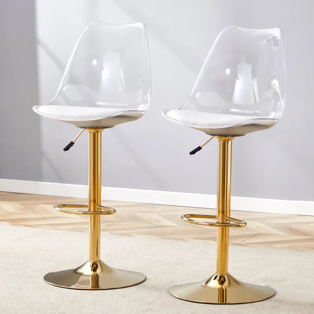 DantefHandels Barkrukken Set van 2, Verstelbaar, 360° Draaibaar, Transparante Rugleuning, Goudkleurig Onderstel, modern design, geschikt voor keuken, kookeiland en bartafel